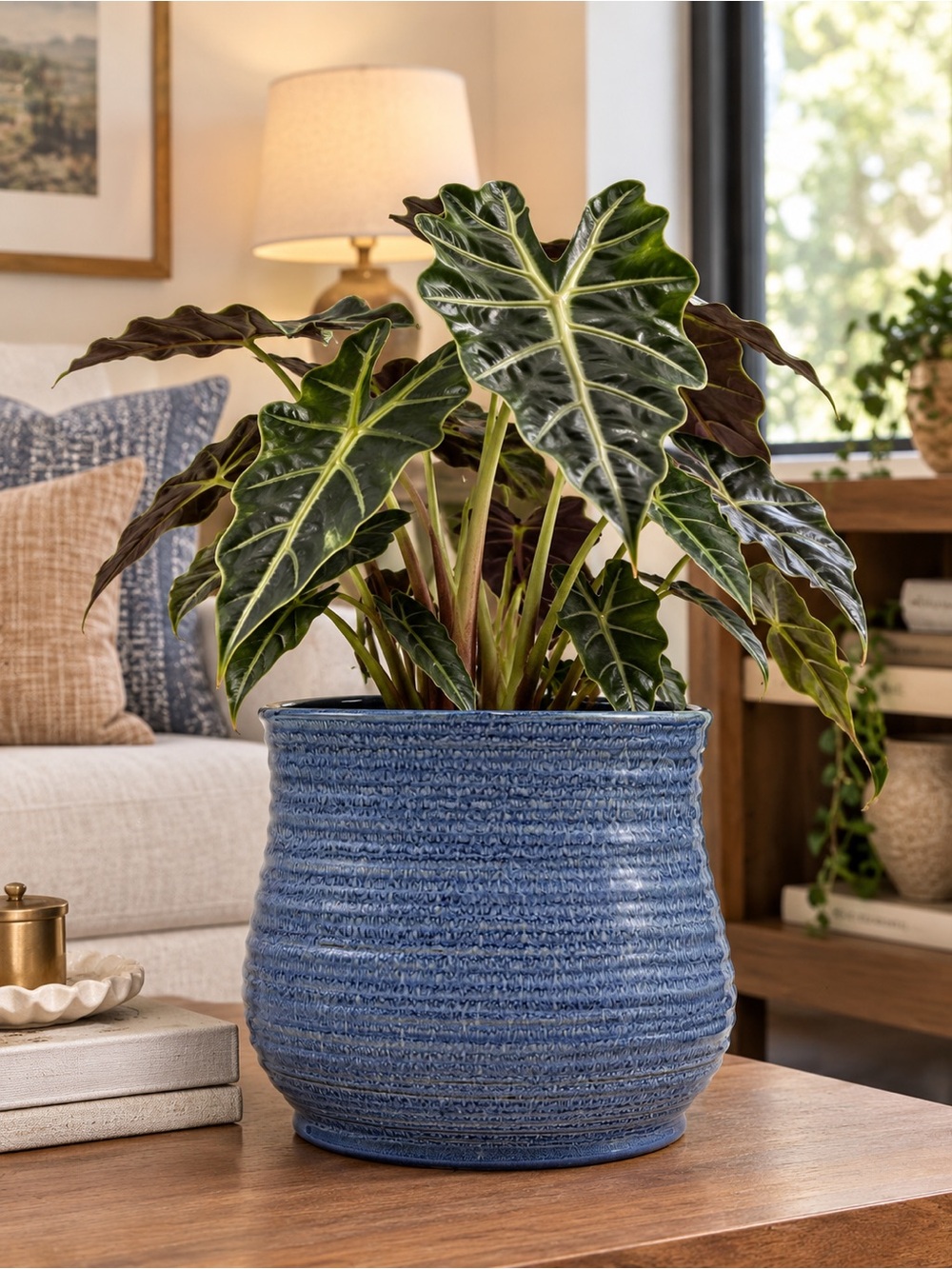 Blue Ceramic Planter Pot with Drainage Hole, 7.5 Inch Textured Glazed Clay pot